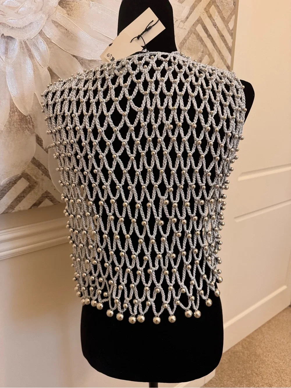 Silver Beaded Open Weave vest top. - Picture 2 of 4